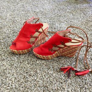 Vibrant red suede gladiator wedge heel sandals, size 7